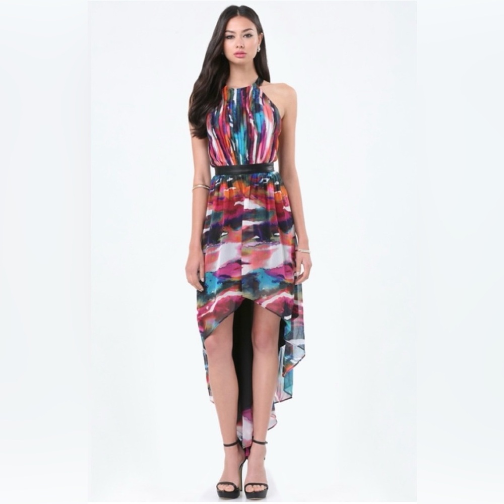 Bebe Multicolor high-low dress with open back